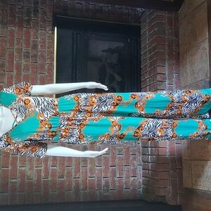French Atmosphere Turquoise and Orange Print Jumpsuit